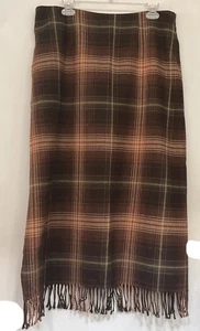 Marconi Italy Women 14P Brown Plaid Midi Pencil Skirt Blanket Fringe Lined Zip - Picture 1 of 7