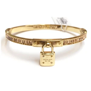 NWT Michael Kors PADLOCK 14K Gold Plated Brass Topaz Glass Stones Hinge Bracelet - Picture 1 of 11