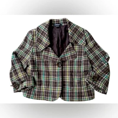 Vintage Ellen Tracy Silk Tweed Shrunken 3/4 Sleeve Plaid Blazer. Size Small - Image 1 of 4