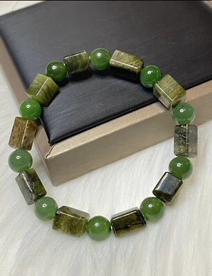 Green Tourmaline 10.3x7.4mm Bead Bracelet, Mix Nephrite Bracelet,Wrist 16cm - Image 1 of 4