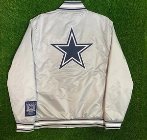 NFL Men's M Dallas Cowboys Gray Snap Up Bomber Varsity Satin Jacket MSRP $130 - Picture 1 of 7