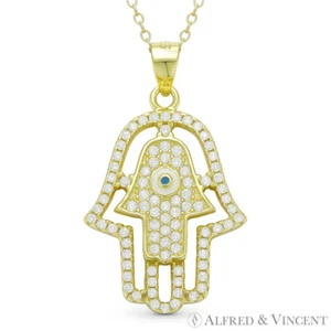 Double Hamsa Hand of Fatima Evil Eye Luck Charm Pendant Necklace Sterling Silver - Bild 1 von 4