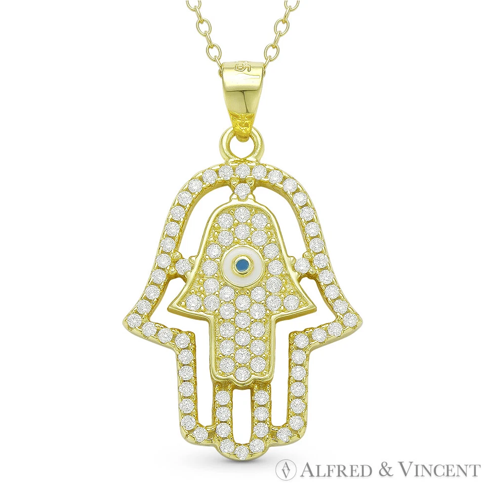 Double Hamsa Hand of Fatima Evil Eye Luck Charm Pendant Necklace Sterling Silver - Bild 1 von 1