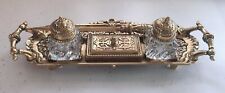 Antique English Brass Inkstand, Double Cut Glass Inkwells With Letter Opener