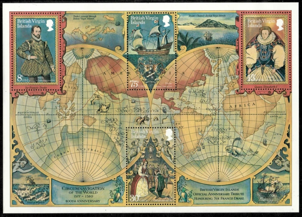 BVI 1978 - Sir Francis Drake Maps - Souvenir Stamp Sheet - Scott #394A - MNH - Image 1 of 1