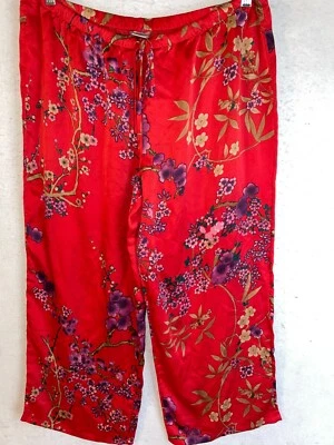 Pantalones de salón para pijama Natori XL rojo satinado con cordón dorado floral Foto 1 de 4