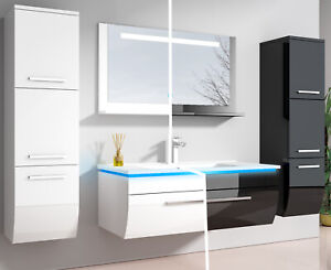 Badmöbel Set 3tlg mit Waschbecken & LED-Spiegel opt.Seitenschränke Hochglanz