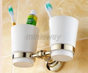 Gold Color Brass Wall Mount Bathroom Toothbrush Holders Dual Ceramic Cup mba138 - Picture 1 of 5