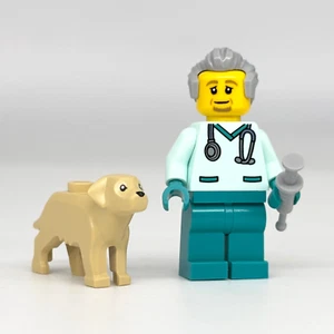 Lego Tierarzt Minifigur mit Hund & Nadel Tierklinik Golden Retriever-NEU - Bild 1 von 2