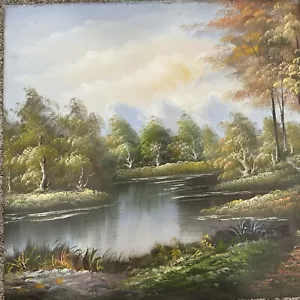 W Amion Original Gemälde Leinwand Friedliches Wasser Fluss Bach Szene Wald 36x24 - Bild 1 von 16