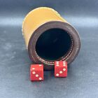 Vtg Stitched Leather Dice Cup Casino Shaker Green Felt 3.5” Retro 1970s w/ Dice