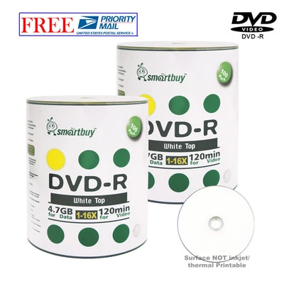 SMART BUY 200 Pcs Smartbuy Blank DVD-R DVDR 16X 4.7GB White Top Storage Recordable Disc