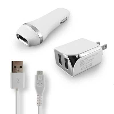 White Color 2.1A Car Charger Adapter + Wall Home Travel Charger + USB Cord Cable - Image 1 of 2