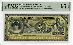 Mexico 5 pesos ND (1897-1911), PMG 65 EPQ, "Banco De Sonora" Pick# S419r - Picture 1 of 2