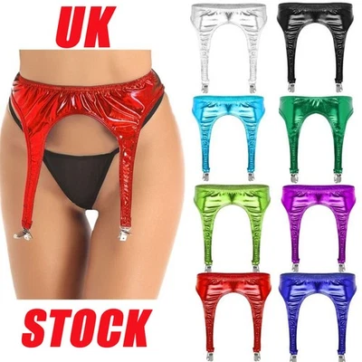 UK Womens Sexy Metallic PVC Leather Garter Belt with Metal Clips for Stockings - Image 1 of 4