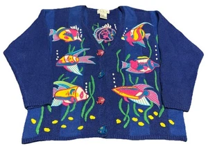 Vtg Sweater Cardigan Large Tropical Fish Knit M1 - Picture 1 of 5