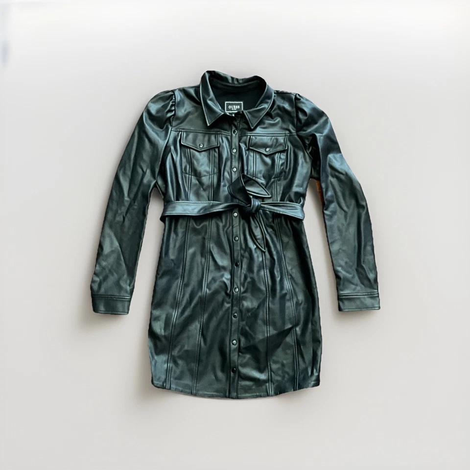 Guess Faux Leather Long Sleeve Belted Dress XL Puff Sleeves - Image 1 of 4