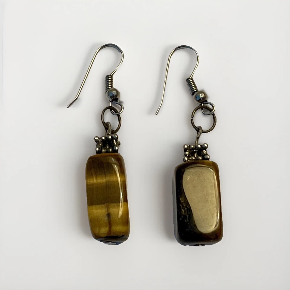 Tiger’s Eye Gemstone Rectangle Dangle Earrings – Silver Tone - Image 1 of 3