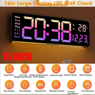 16"LARGE LED SCREEN DISPALY DIGITAL WALL CLOCK W/REMOTE CONTROL TEMPERATURE DATE - Image 1 of 4