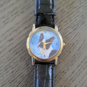 Boston Terrier Dog Wrist Watch Circle Face Leather Wrist Band Gold Trim - Picture 1 of 11