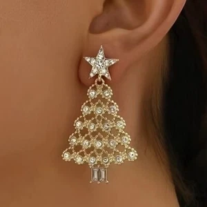 Christmas Tree Earrings Christmas Party Earrings Fashion Golden Shiny Pendant - Picture 1 of 18