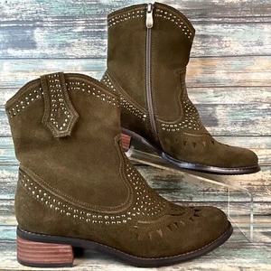 Corkys Womens Ankle Boot Size 8M Green Suede Studded Block Heel Western Bootie - Picture 1 of 15