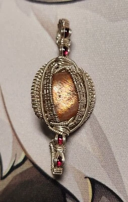 Handmade Wire Wrapped Pendant! Rainbow Sunstone Cab, 4 Garnet In Sterling Silver - Image 1 of 4