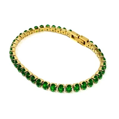 Woman's Emerald Green Rhinestone Bangle 18k Gold Plated Stainless Steel Bracelet - Image 1 of 4