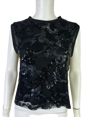 Camisa Top Dantelle Para Mujer Negra Corta Lentejuelas Malla Sin Mangas Cuello Redondo Talla S Foto 1 de 4