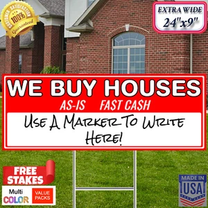 WE BUY HOUSES Yard Sign 24"x9" – Wide, Write-On Surface – Fast Cash AS-IS - USA - Picture 1 of 14