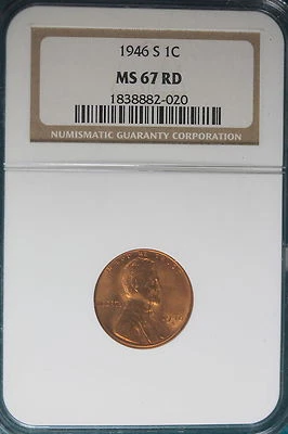 1946-S NGC MS67 RED LINCOLN WHEAT CENT!!! #B4436 - Image 1 of 2