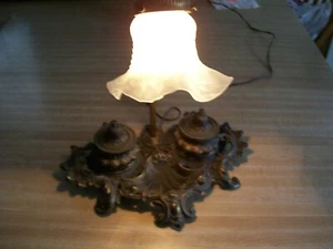 Brass Double Ink Well Goose Neck Lamp Marked BW Antique Art Nouveau - Picture 1 of 12