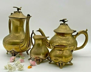 Antique Silver Plated Metal Tea Coffee Set Gold Coloured Eagle Bird Design - Picture 1 of 12