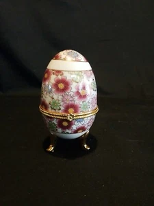 Vtg. Porcelain Egg Trinket Box, Flowers (Pink/Green/Blue) Gold Accent - Picture 1 of 9