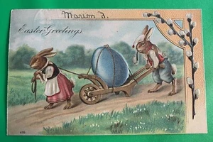 Easter Bunnies w/ Egg in Wheelbarrow Postcard ~ Anthropomorphic ~ 1907 - Picture 1 of 2