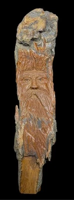 Escultura de madeira esculpida à mão espírito homem velho rosto árvore casca tronco - Imagem 1 de 4