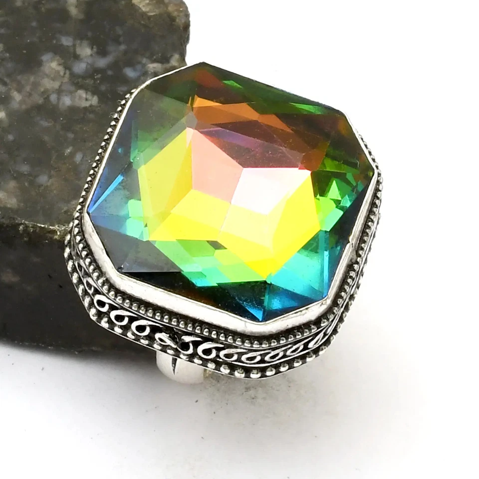 Mystic Topaz Gemstone Handmade Antique Design Ring Jewelry US Size-7.75 AR 36517 - Image 1 of 1