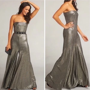 SHOW ME YOUR MUMU Boogie Jumpsuit Schwarz Gold Metallic Weites Schlagbein Hose S - Bild 1 von 9