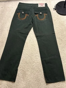 Vintage True Religion Ricky Jeans Olive Green Jeans Size 34x34 Made in USA FLAW - Picture 1 of 20