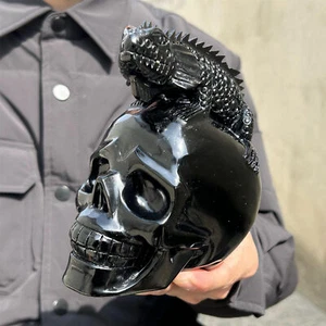 3.12LB Carved Natural Obsidian Lizard skull Quartz Crystal Reiki Heal specimen - Picture 1 of 16