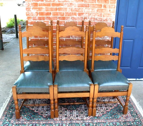 Set of 6 English Antique Oak Dining Chairs / Green Vinyl Cover