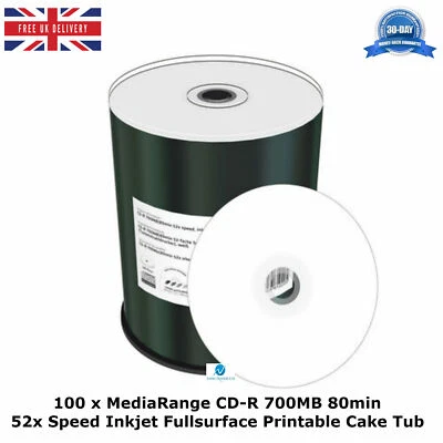 MediaRange CD-R 700MB 80min 52x Speed Inkjet Fullsurface Printable Cake Tub LOT - Image 1 of 4