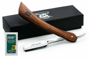 6 " Uomo Taglio Dritto Gola Barbiere Rasoio da Barba Manico IN Legno + Lame - Picture 1 of 6