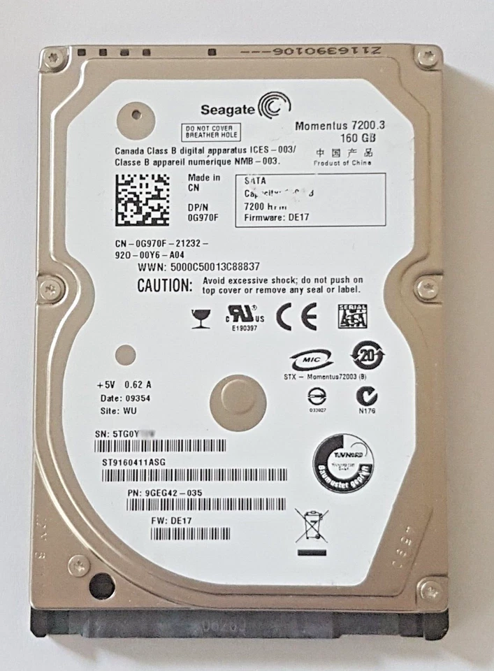 160 GB SATA Seagate Momentus 7200.3 ST9160411ASG 16MB HDD 2.5 " Internal Hard - Image 1 of 1
