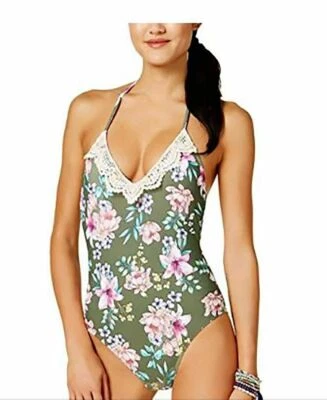 Hula Honey Junior Small Olive Green Floral Halter 1-Piece Swimsuit NWT S - Image 1 of 4