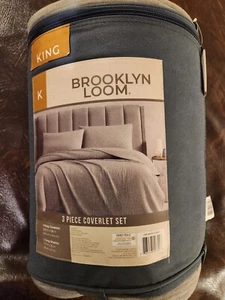 Brooklyn Loom 3-piece Coverlet King Set Ribbed Blanket - Matelassé Gray - NEW