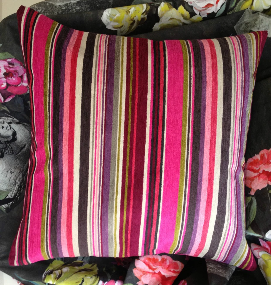 DESIGNERS GUILD ASOLO FABRIC VERTICLE STRIPE CUSHION COVER COLOUR BERRY 18X18"  - Image 1 of 1