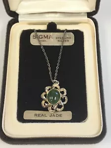 Sigma Vintage Sterling Silver & Real Jade Pendant Necklace 18" Chain 4g J18 O729 - Picture 1 of 8