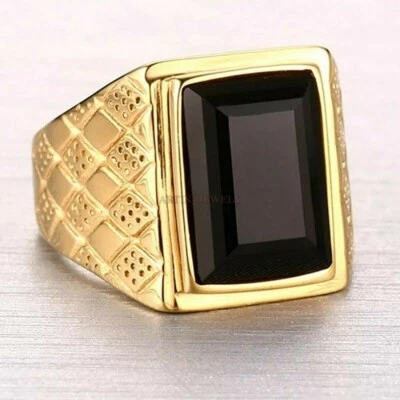 Piedra preciosa de ónix negro natural con anillo de plata enchapado en oro de 14K para hombre #1218 Foto 1 de 4