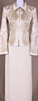 ST.JOHN Women's Cream Gold Print Shimmer Sequins Studs Jacket NWT Skirt Sz 8-10 - Image 1 of 4